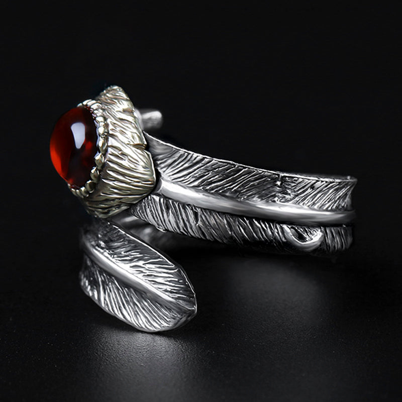 Black Agate Feather Sterling Silver Adjustable Men's Ring