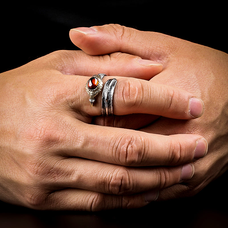 Black Agate Feather Sterling Silver Adjustable Men's Ring