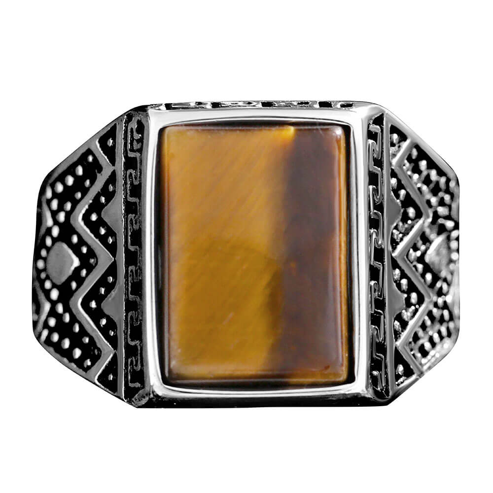 Black Agate Stainless Steel Tiger's Eye Stone Ring