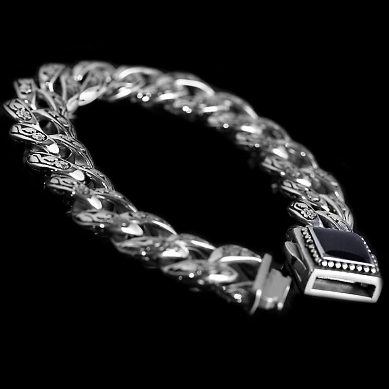 Black Gem Rose Pattern Stainless Steel Men's Bracelet