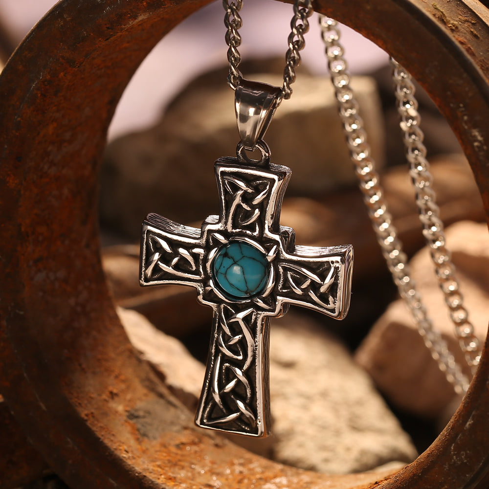 Blue Turquoise Cross Stainless Steel Men's Necklace