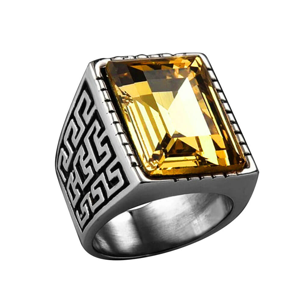 Chinese Great Wall Pattern Stainless Steel Men's Gemstone Ring