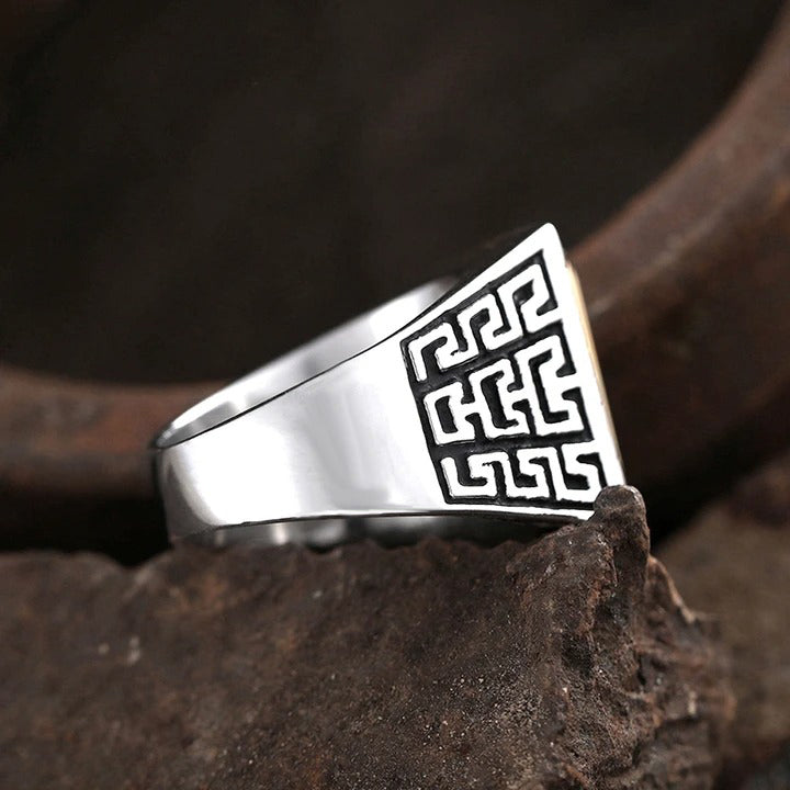 Chinese Great Wall Pattern Stainless Steel Men's Gemstone Ring