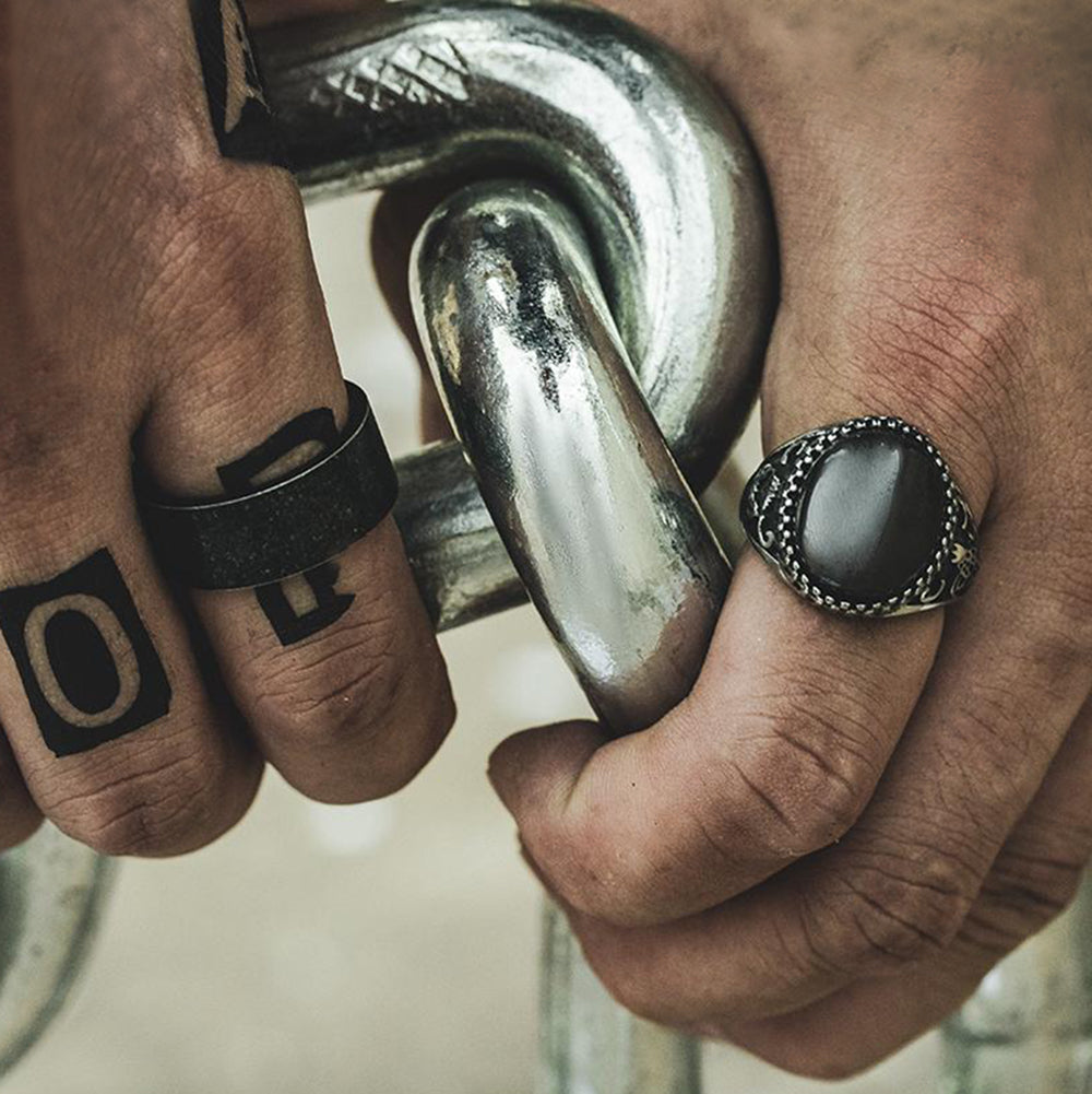 Red And Black Agate Stainless Steel Men's Stone Ring