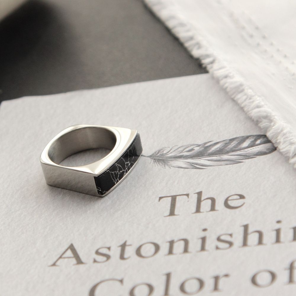 Simple Square Black Stone Grain Stainless Steel Ring